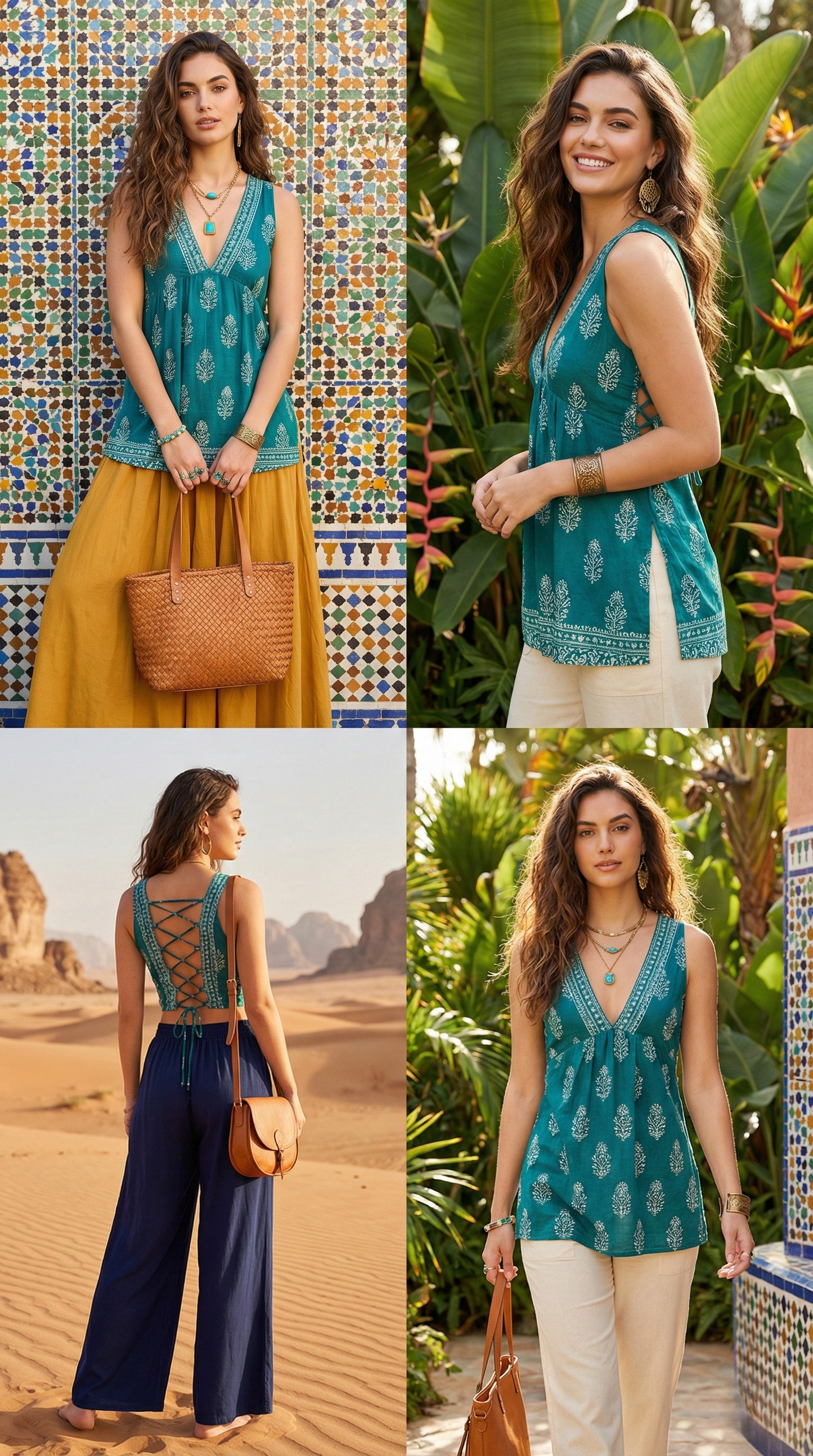 đź’š Teal Green Boho Ethnic Sleeveless Back-Tie Top for Women