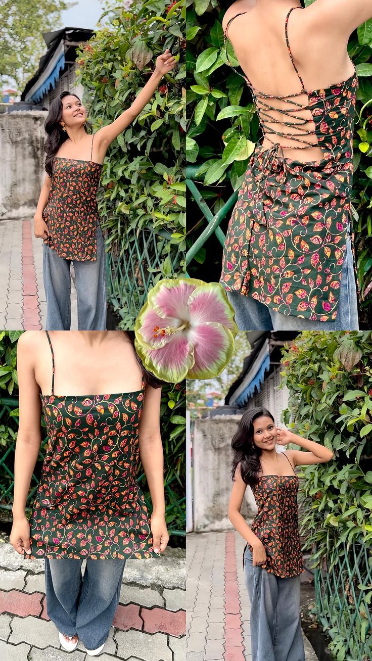 Black Floral Sleeveless Kurti Top for Women & Girls | Back Lace-Up Trendy Indo-Western Spaghetti Strap Top