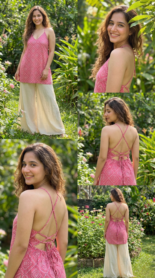 🌸 Boho Backless Printed Pink Strappy Top for Women – Summer Casual Wear