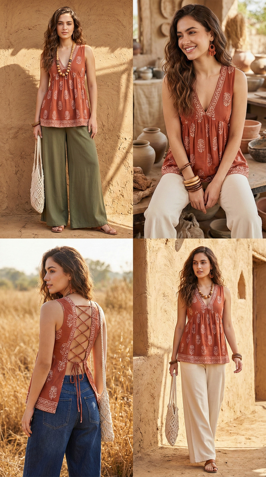 🍂 Rust Brown Boho Ethnic Sleeveless Back-Tie Top for Women