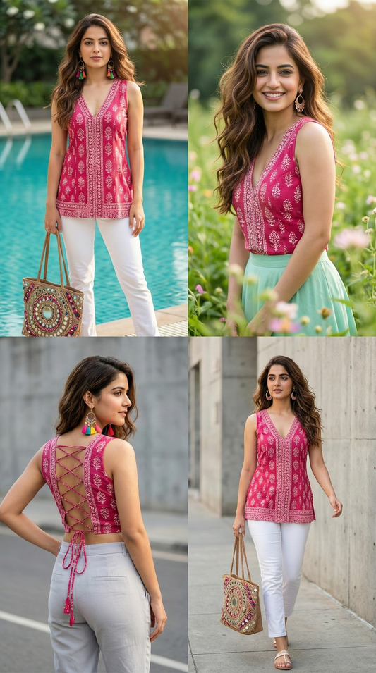 🌸Pink Boho Ethnic Sleeveless Back-Tie Printed Top for Women