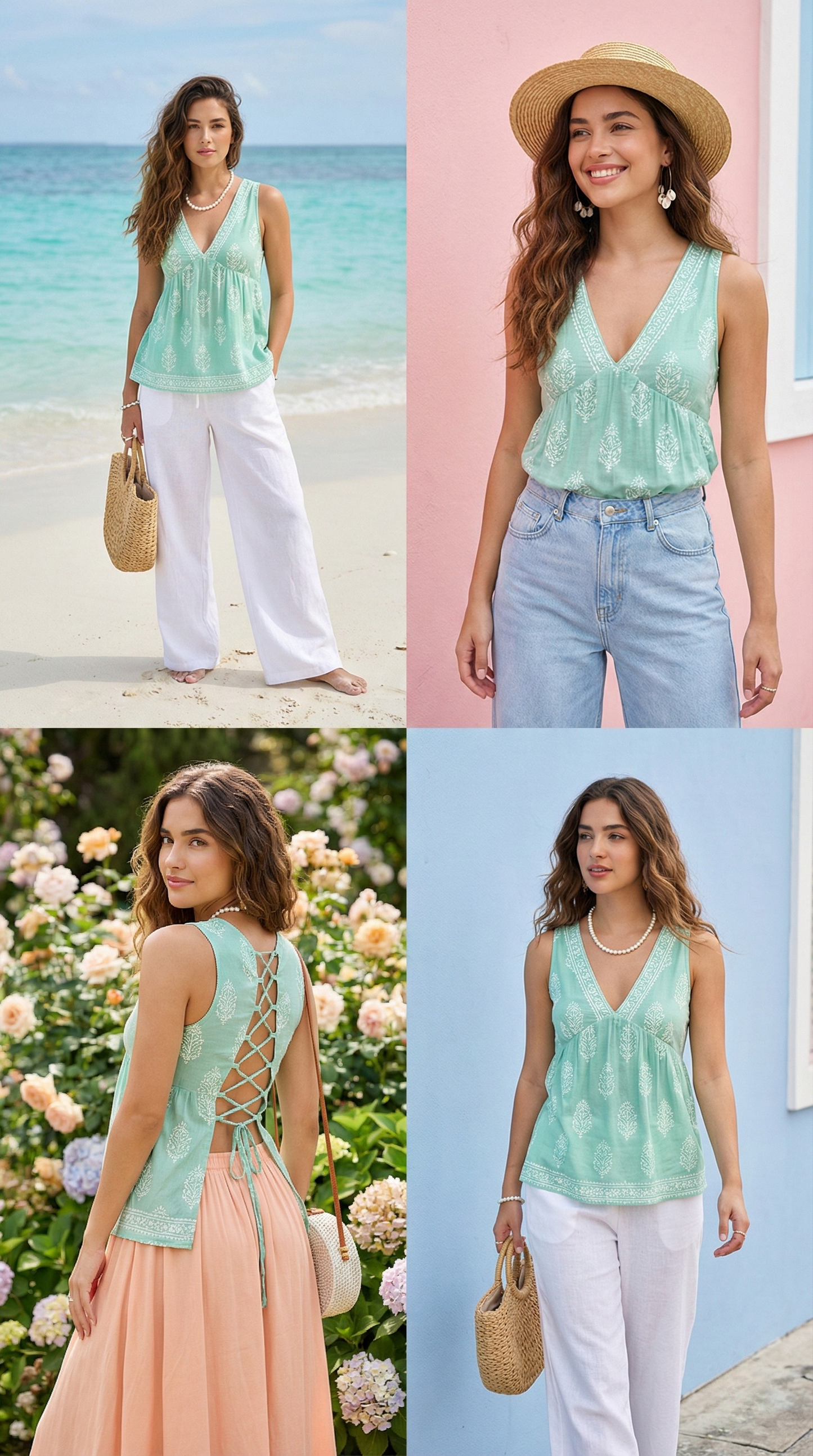 🌿Mint Green Boho Ethnic Sleeveless Back-Tie Top for Women