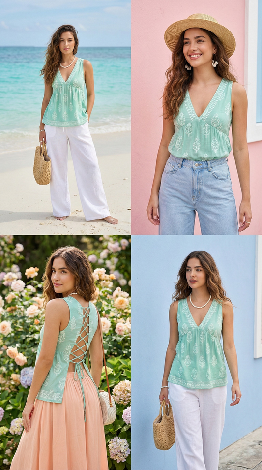 🌿Mint Green Boho Ethnic Sleeveless Back-Tie Top for Women