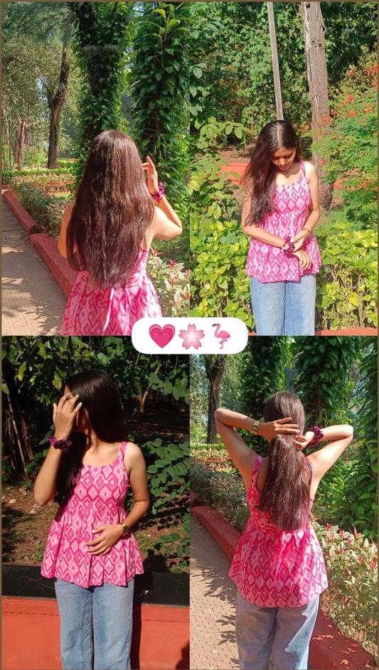 Pink Ikat Sleeveless Kurti Top for Women & Girls | Flared Indo-Western Summer Top | Casual Ethnic Printed Spaghetti Strap Top